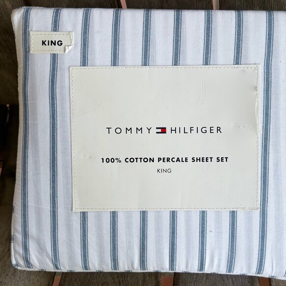 Tommy Hilfiger King Size BLUE STRIPE Cotton Percale Sheet Set GLEN COVE STRIPE - Picture 1 of 5
